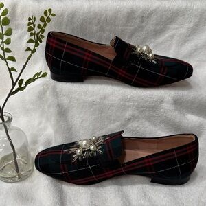 J. Crew Red and Black Plaid Loafers with Pearl Detail
